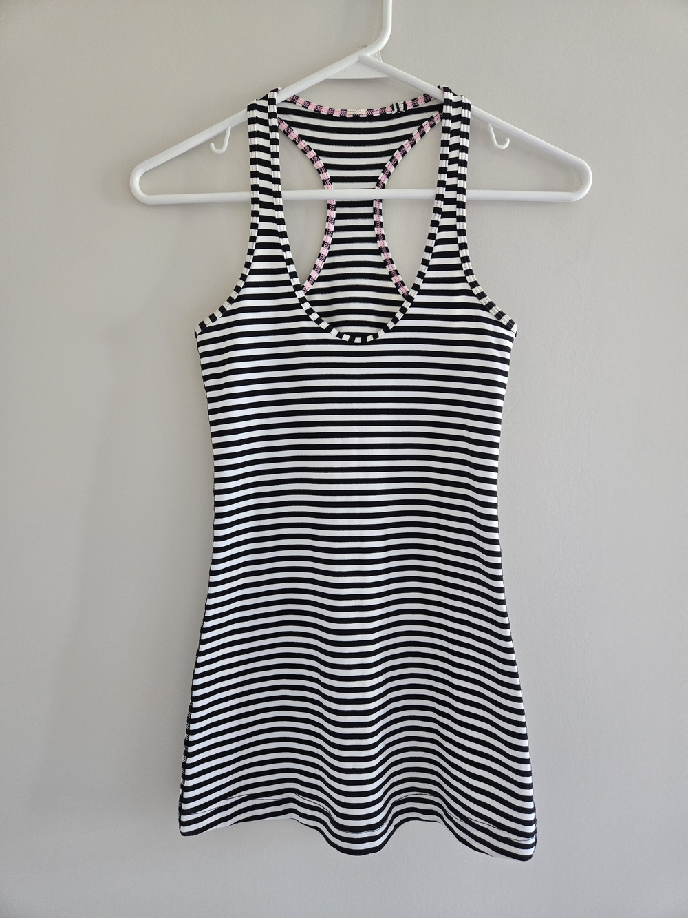Lululemon Black & White Striped Racerback Tank Top with Inside Pink Trim